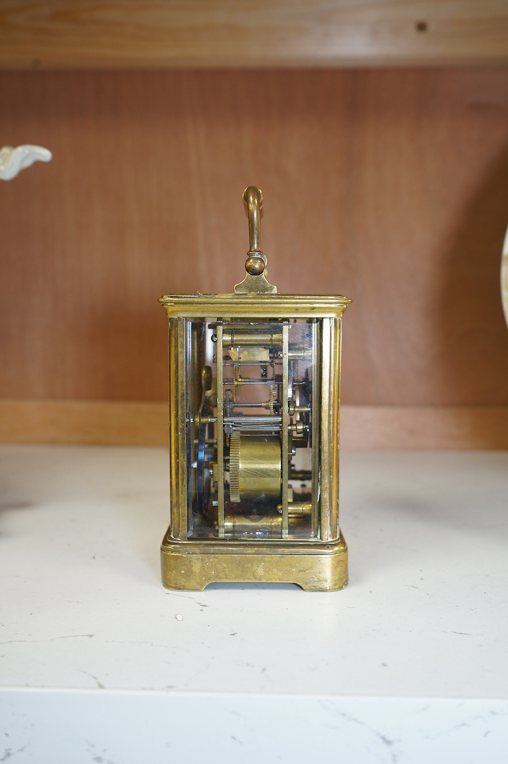 A late 19th century French brass cased eight day carriage clock, 11cm high. Condition - fair, would benefit from a clean, not tested